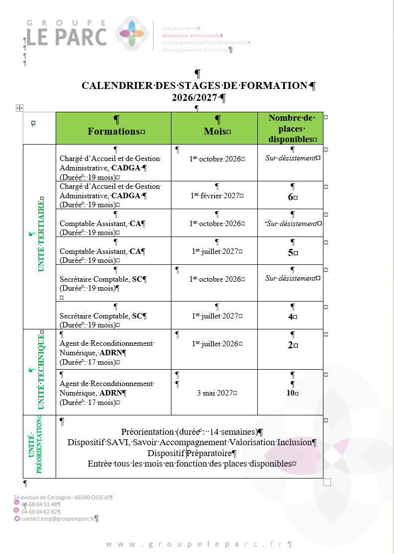 Calendrier stages 2026 2027